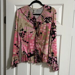 Samuel Dong Vintage Polka Dot Ruffle Long Sleeve Zip Up Blouse Size Small